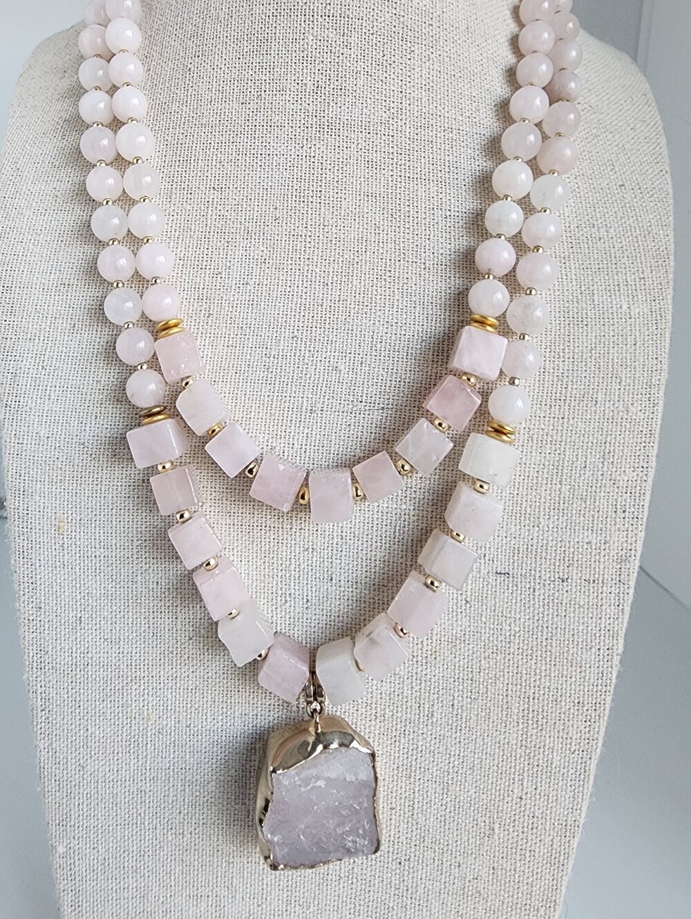 Rose Quartz Statement Necklace Double Strand Raw Stone Pendant 18" - Picture 3 of 5